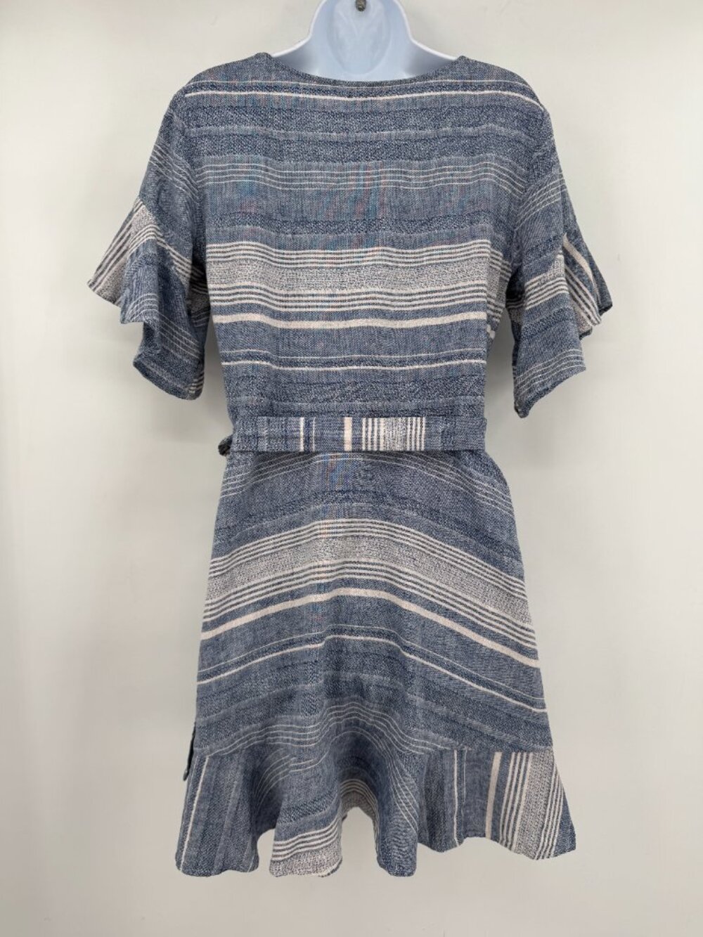 Express Women’s Size S Blue Striped Linen Blend Wrap Mini Dress - Picture 5 of 13